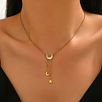 Stainless Steel & Natural White Shell Moon Star Pendant Y-Shaped Tassel Necklaces for Women, White, Real 18K Gold Plated, 16.14 inch(41cm)(PP3147)