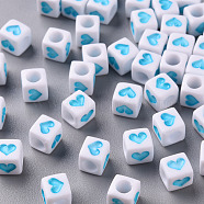 White Opaque Acrylic Beads, Cube with Heart, Deep Sky Blue, 6.5x6x6mm, Hole: 3mm(MACR-T038-12A)