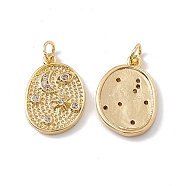 Brass Micro Pave Cubic Zirconia Pendants, with Jump Ring, Polygon with Moon Charm, Real 18K Gold Plated, 17x12x2.5mm, Hole: 3mm(KK-E068-VC009)