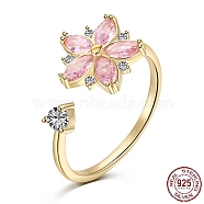 925 Sterling Silver Open Finger Rings, with Cubic Zirconia for Women, Peach Flower Anxiety Worry Fidget Spinner Ring, Real 18K Gold Plated, 1.5mm, US Size 7(17.3mm)(RJEW-A019-48G)