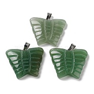 Natural Green Aventurine Carved Pendants, Butterfly Charms with Platinum Plated Brass Snap on Bails, 30x35.5x7mm, Hole: 7x4.5mm(G-B067-01D)