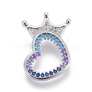 Brass Micro Pave Cubic Zirconia Pendants, Heart with Crown, Colorful, Platinum, 21x15x4.5mm, Hole: 2x4mm(ZIRC-F100-01P)