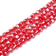 Electroplate Glass Beads Strands, Pearl Luster Plated, Faceted, teardrop, Red, 6x4mm, Hole: 1mm, about 72pcs/strand, 15 inch(X-EGLA-R008-6x4mm-9)