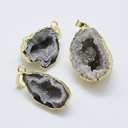 Natural Druzy Agate Pendants, with Brass Findings, Golden, 30~33x15~21x10.5~17mm, Hole: 4x7mm(KK-L158-49G)
