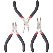Carbon Steel Jewelry Pliers Sets, Ferronickel, Side Cutter, Round Nose and Chain Nose Pliers, Black, 11~12.5cm(PT-PH0001-01)
