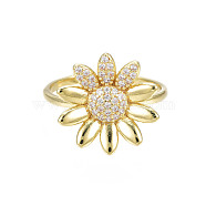 Cubic Zirconia Flower Open Cuff Ring, Real 18K Gold Plated Brass Chunky Ring for Women, Nickel Free, Clear, US Size 8 1/4(18.3mm)(RJEW-N035-108)