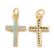 Rack Plating Brass Micro Pave Cubic Zirconia Pendants, with Jump Ring, Long-Lasting Plated, Cadmium Free & Lead Free, Cross Charm, Real 18K Gold Plated, 17x10x2mm, Hole: 3.4mm(KK-I706-19G)