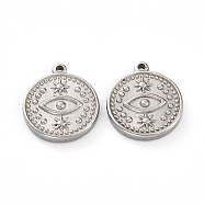 304 Stainless Steel Pendants, Flat Round with Eye, Stainless Steel Color, 18x15x3mm, Hole: 1.4mm(X-STAS-G242-14P)