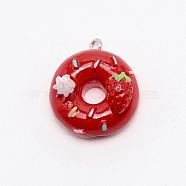 Resin Pendants, with Alloy Findings, Imitation Food, Doughnut with Strawberry, Red, 25x21x14mm, Hole: 2mm(RESI-WH0020-01C)