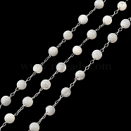Natural Shell Round Beaded Chains, with 304 Stainless Steel Cable Chains, Soldered, with Spool, Stainless Steel Color, 2x0.8x0.1mm, 3.7x3.3mm(CHS-B004-07P)