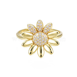 Cubic Zirconia Flower Open Cuff Ring, Real 18K Gold Plated Brass Chunky Ring for Women, Nickel Free, Clear, US Size 8 1/4(18.3mm)(RJEW-N035-108)
