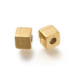 Ion Plating(IP) 304 Stainless Steel Beads, Cube with Letter, Real 14K Gold Plated, Letter F, 5x5x5mm, Hole: 2mm(STAS-F308-01G-F)