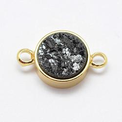 Electroplated Natural Druzy Agate Links connectors, with Brass Findings, Flat Round, Golden, Black, 15x9x4mm, Hole: 2mm(G-P321-01G-D)