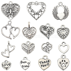 SUNNYCLUE 90Pcs 15 Style Tibetan Style Alloy Pendants, Heart, Antique Silver, 8~24.5x8~24.5x1.3~3mm, Hole: 0.8~4mm, 6pcs/style(TIBEP-SC0002-55)