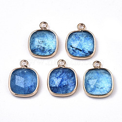 Glass Charms, with Light Gold Tone Brass Findings, Square, Faceted, Deep Sky Blue, 14x11x5mm, Hole: 1.6mm(GLAA-N040-002C)
