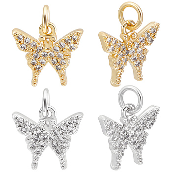 12Pcs 2 Colors Long-Lasting Plated Brass Micro Pave Cubic Zirconia Charms, Butterfly Charm, Mixed Color, 11x12x2.5mm, Hole: 3mm, 6pcs/color