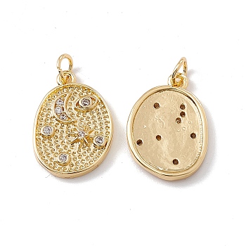 Brass Micro Pave Cubic Zirconia Pendants, with Jump Ring, Polygon with Moon Charm, Real 18K Gold Plated, 17x12x2.5mm, Hole: 3mm