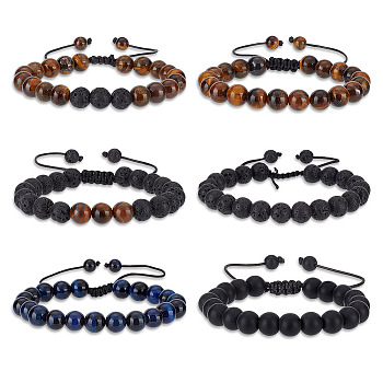 6Pcs 5 Style Natural Lava Rock & Tiger Eye & Synthetic Agate Braided Bead Bracelets Set, Adjustable Gemstone Bracelets for Women, Inner Diameter: 1-3/4~3-3/8 inch(4.3cm~8.5cm)