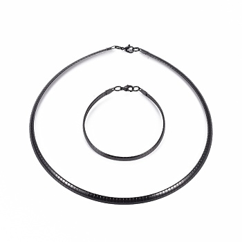 304 Stainless Steel Choker Necklaces and Bangles Jewelry Sets, with Lobster Claw Clasps, Electrophoresis Black, 8-1/4 inch~8-3/8 inch(21~21.2cm), 17.8 inch~17.9 inch(45.2~45.4cm), 6mm