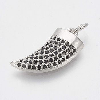 Brass Micro Pave Cubic Zirconia Pendants, with Jump Rings, Ox Horn, Black, Platinum, 17x9x3mm, Hole: 3mm