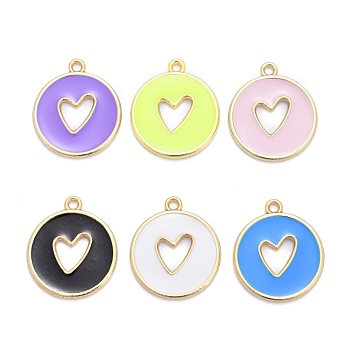 Alloy Enamel Pendants, Long-Lasting Plated, Lead Free & Cadmium Free, Flat Round with Heart, Mixed Color, 20.5x18x1.5mm, Hole: 1.5mm