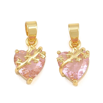 Brass Glass Pendants, Heart with Flower Long-Lasting Plated, Cadmium Free & Lead Free, Faceted, Golden, 17x10.5x9mm, Hole: 6x4mm