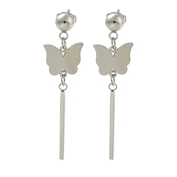 Non-Tarnish Butterfly 304 Stainless Steel Stud Dangle Earrings, Stainless Steel Color, 50.8x13mm