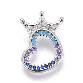 Brass Micro Pave Cubic Zirconia Pendants, Heart with Crown, Colorful, Platinum, 21x15x4.5mm, Hole: 2x4mm
