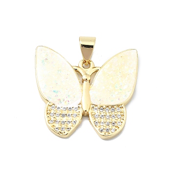 Brass Micro Pave Clear Cubic Zirconia Pendants, with Sythetic Opal, Butterfly, Real 18K Gold Plated, 20x21x2.5mm, Hole: 4x3.5mm