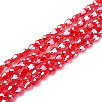 Electroplate Glass Beads Strands, Pearl Luster Plated, Faceted, teardrop, Red, 6x4mm, Hole: 1mm, about 72pcs/strand, 15 inch