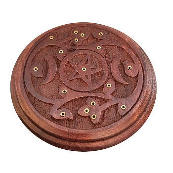 Wood Incense Burners, Flat Round with Star Incense Holders, Home Office Teahouse Zen Buddhist Supplies, Indian Red, 125mm