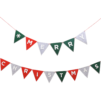 Merry Christmas Cloth Flag Banners, Triangle, with Needle and Rope, Mixed Color, Triangle: 116x120x3mm, Hole: 3.5mm