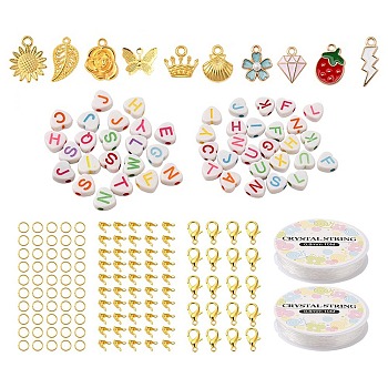 DIY Pendant Decoration Keychain Making Kit, Including Alloy Clasps, Acrylic Letter Beads, Alloy & Iron Pendants, Lightning Bolt & Sakura & Strawberry & Crown, Mixed Color, 380Pcs/bag