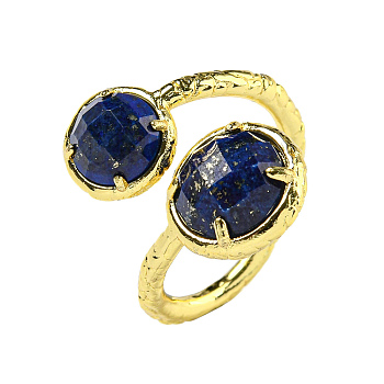 Round Natural Lapis Lazuli Open Cuff Rings, Golden Plated Brass Ring for Unisex, Inner Diameter: 19mm