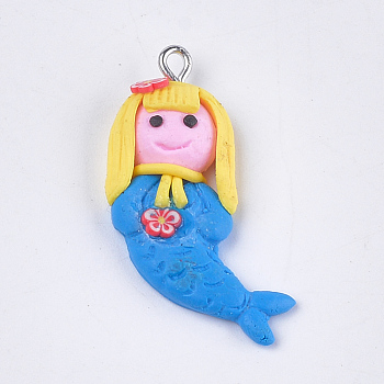 Handmade Polymer Clay Pendants, with Iron Findings, Mermaid, Platinum, Dodger Blue, 33~36x21~23x5~6mm, Hole: 1.5mm