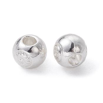 Alloy Spacer Beads, Long-Lasting Plated, Round Shape with Flower, Silver, 7mm, Hole: 2.5mm