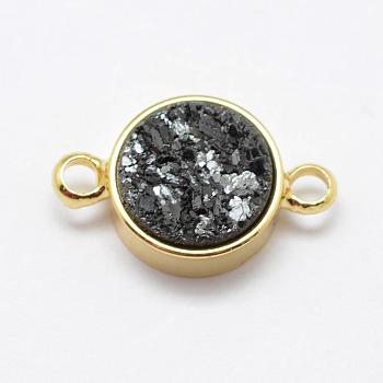 Electroplated Natural Druzy Agate Links connectors, with Brass Findings, Flat Round, Golden, Black, 15x9x4mm, Hole: 2mm