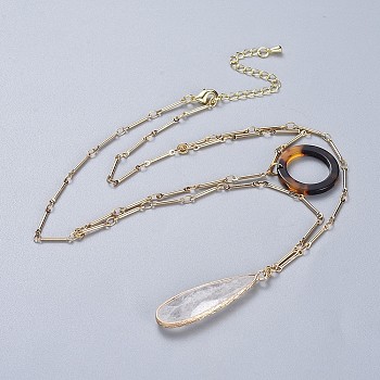 Natural Quartz Crystal Tiered Necklaces, with Cellulose Acetate(Resin) Ring Pendants and Brass Findings, Real 18K Gold Plated, 14.1 inch(36cm), 1mm