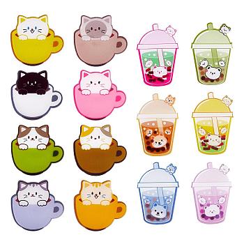 14 Pieces Acrylic Brooch Pins Set Cup Cat and Animal Milk Tea Label Pins Cute Cartoon Animal Badges Pins Creative Backpack Pins Jewelry for Jackets Clothes Hats Decorations, Mixed Color, 36.6~41.5x27.5~34.5mm, 1Pc/style