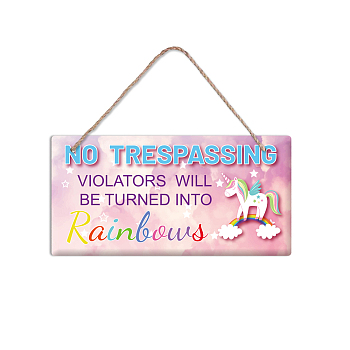 PVC Plastic Hanging Wall Decorations, with Jute Twine, Rectangle with Word Welcome, Colorful, Unicorn Pattern, 15x30x0.5cm