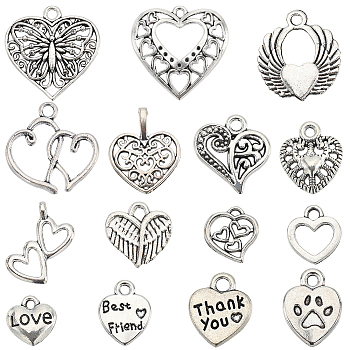 SUNNYCLUE 90Pcs 15 Style Tibetan Style Alloy Pendants, Heart, Antique Silver, 8~24.5x8~24.5x1.3~3mm, Hole: 0.8~4mm, 6pcs/style