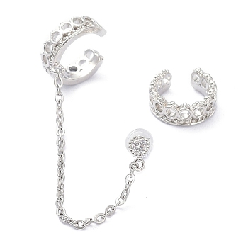 Cubic Zirconia Asymmetrical Earrings, Brass Ear Cuff Wrap Climber Earrings, Crawler Earrings Dangling Chain, with Silver Pins, Ring, Platinum, 65x1mm, Pin: 0.7mm