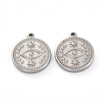 304 Stainless Steel Pendants, Flat Round with Eye, Stainless Steel Color, 18x15x3mm, Hole: 1.4mm