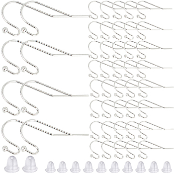 300Pcs Brass Earring Hooks, Ear Wire, with 300Pcs Plastic Ear Nuts, Silver, 4~22x4~11x0.75~4mm, Hole: 1mm