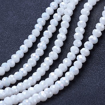 Electroplate Glass Beads Strands, Opaque Solid Color, AB Color Plated, Faceted, Rondelle, White, 4x3mm, Hole: 0.4mm, about 113~115pcs/strand, 41~41.5cm