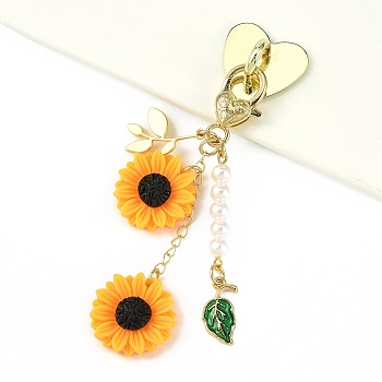 Alloy & ABS Plastic Imitation Pearl & Resin Pendant Decorations, Flower, with Alloy Lobster Claw Clasps, Dark Orange, 106mm