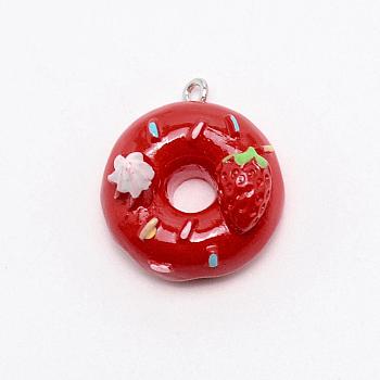 Resin Pendants, with Alloy Findings, Imitation Food, Doughnut with Strawberry, Red, 25x21x14mm, Hole: 2mm