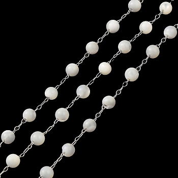 Natural Shell Round Beaded Chains, with 304 Stainless Steel Cable Chains, Soldered, with Spool, Stainless Steel Color, 2x0.8x0.1mm, 3.7x3.3mm