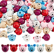 72Pcs 6 Styles Printed Natural Wooden Beads, Bear Head, Dyed, Mixed Color, 26~27x26~28x23.5~25.5mm, 12pcs/color(WOOD-NB0002-07)