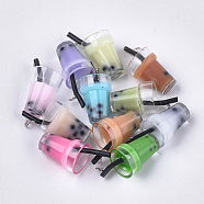 Plastic Cup Pendants, with Resin Inside and Iron Findings, Imitation Bubble Tea/Boba Milk Tea, Platinum, Mixed Color, 23~28x13~17x13mm, Hole: 1.8mm(X-CRES-S359-09)